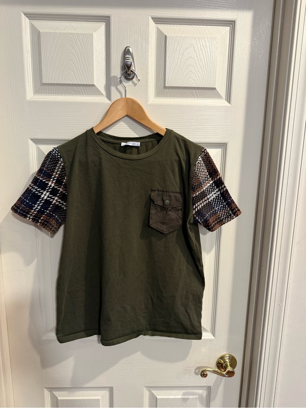 Zara Olive Green Tee with Brown & Navy Plaid Sleeves